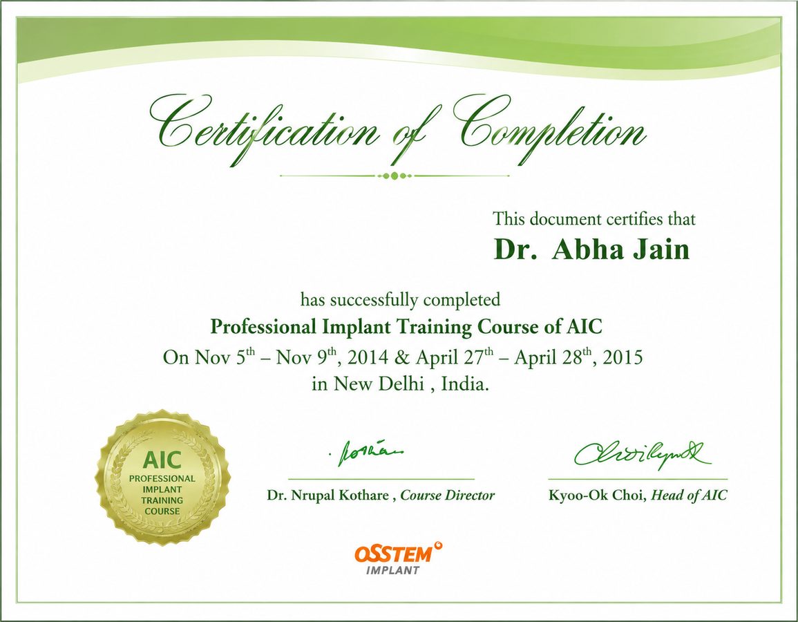 Professional implant training course certificate for Dr. Abha Jain