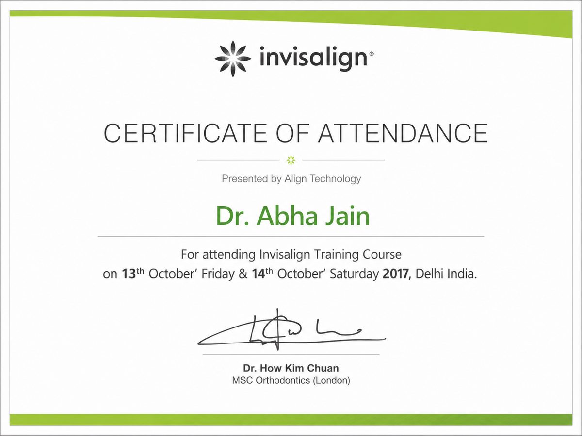 Invisalign training course certificate for Dr. Abha Jain