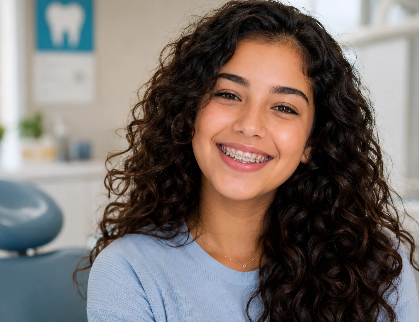 Smiling braces patient inside a modern orthodontic clinic