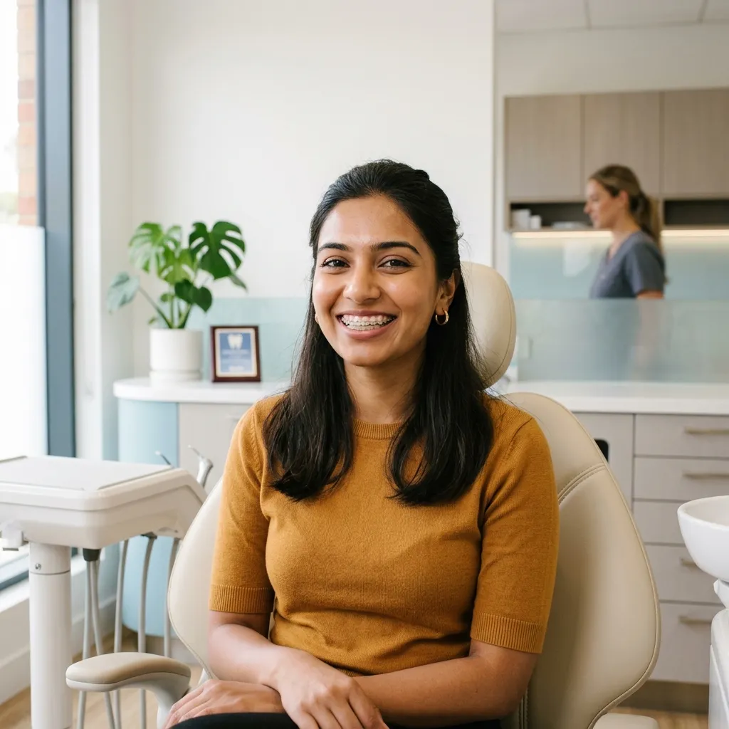 Smiling patient showing metal and ceramic braces at Star Orthodontist Clinic in Delhi